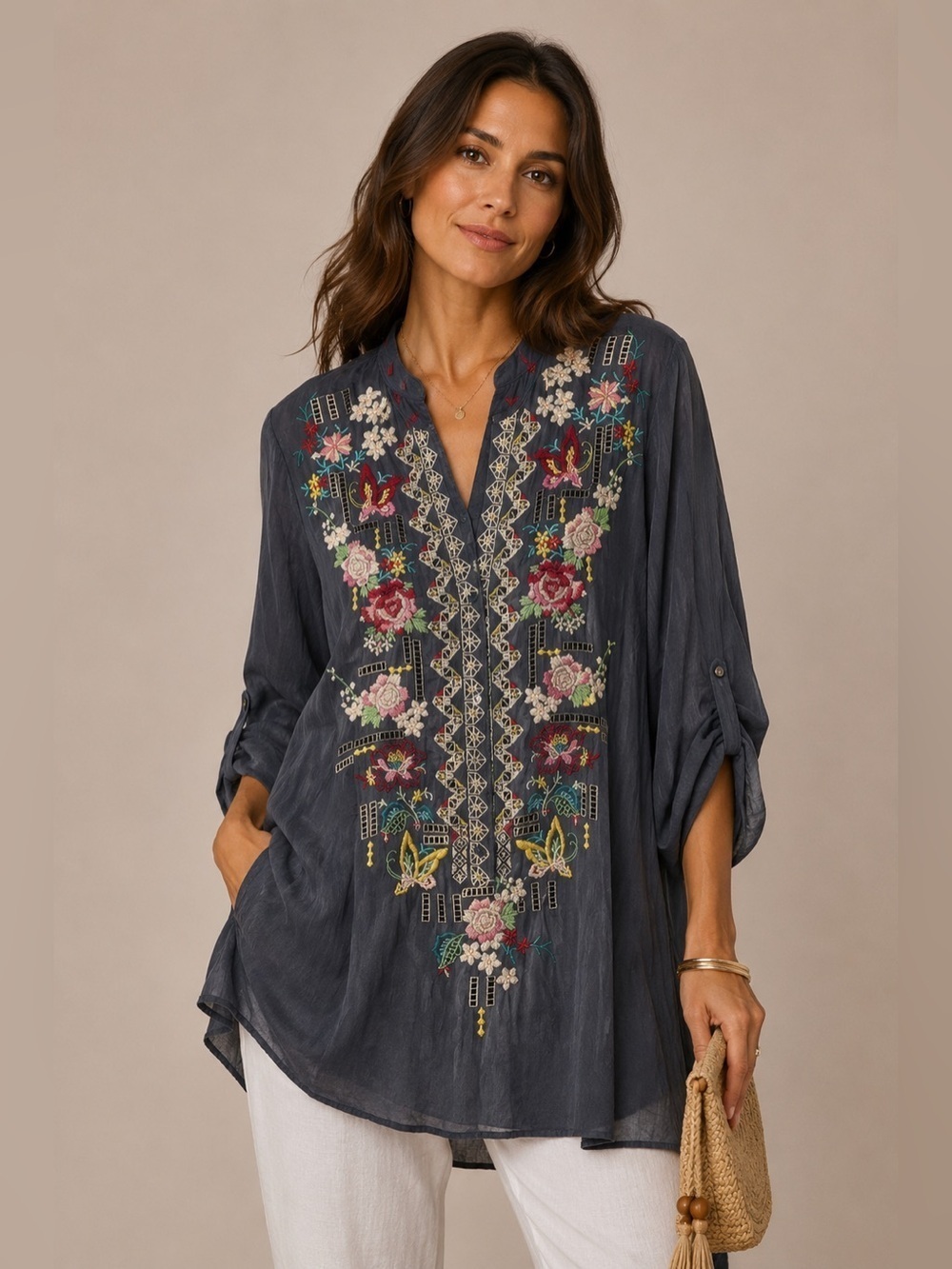 Johnny Was Gray Embroidered floral and butterfly Tunic size S